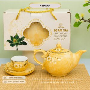 Alternative view of Bộ Ấm Chén Trà Men Vàng Lưu Ly | Kẻ Chỉ Vàng 600ml Bát Tràng | Bộ Ấm Trà Cao Cấp 1 Ấm 6 Chén 7 Đĩa (Sao chép) (Sao chép)