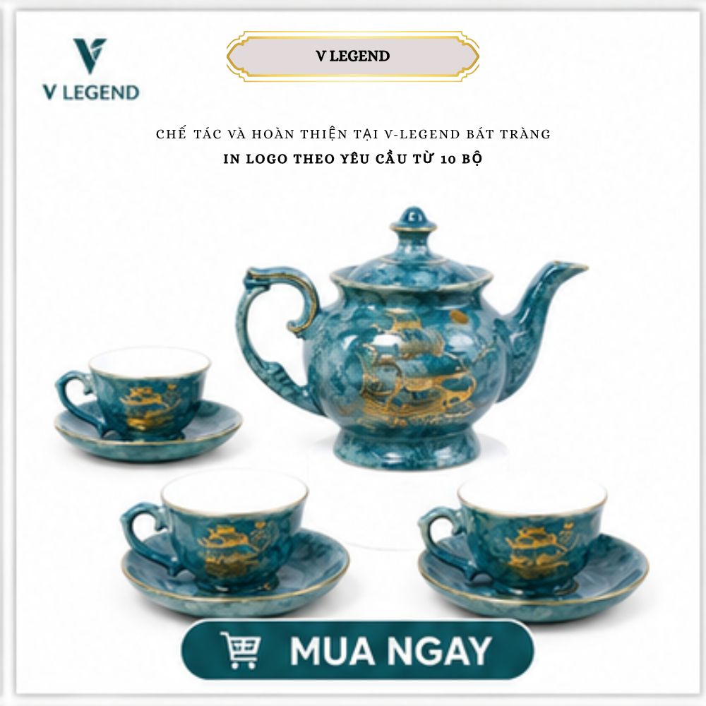 bộ ấm xanh dương vẽ vàng