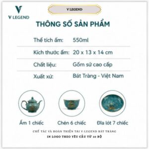 Bộ ấm chén trà men ngọc xanh dương Bát Tràng vẽ vàng kim quà biếu sang trọng