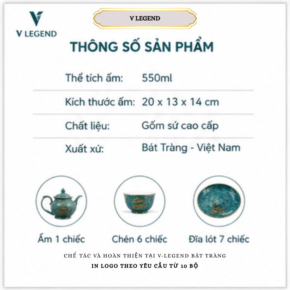 Bộ ấm chén trà men ngọc xanh dương Bát Tràng vẽ vàng kim quà biếu sang trọng