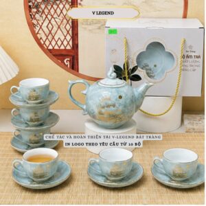 Alternative view of Bộ Ấm Chén Trà Men Ngọc xanh nhạt Kẻ Chỉ Vàng 600ml Bát Tràng | Bộ Ấm Trà Cao Cấp 1 Ấm 6 Chén 7 Đĩa