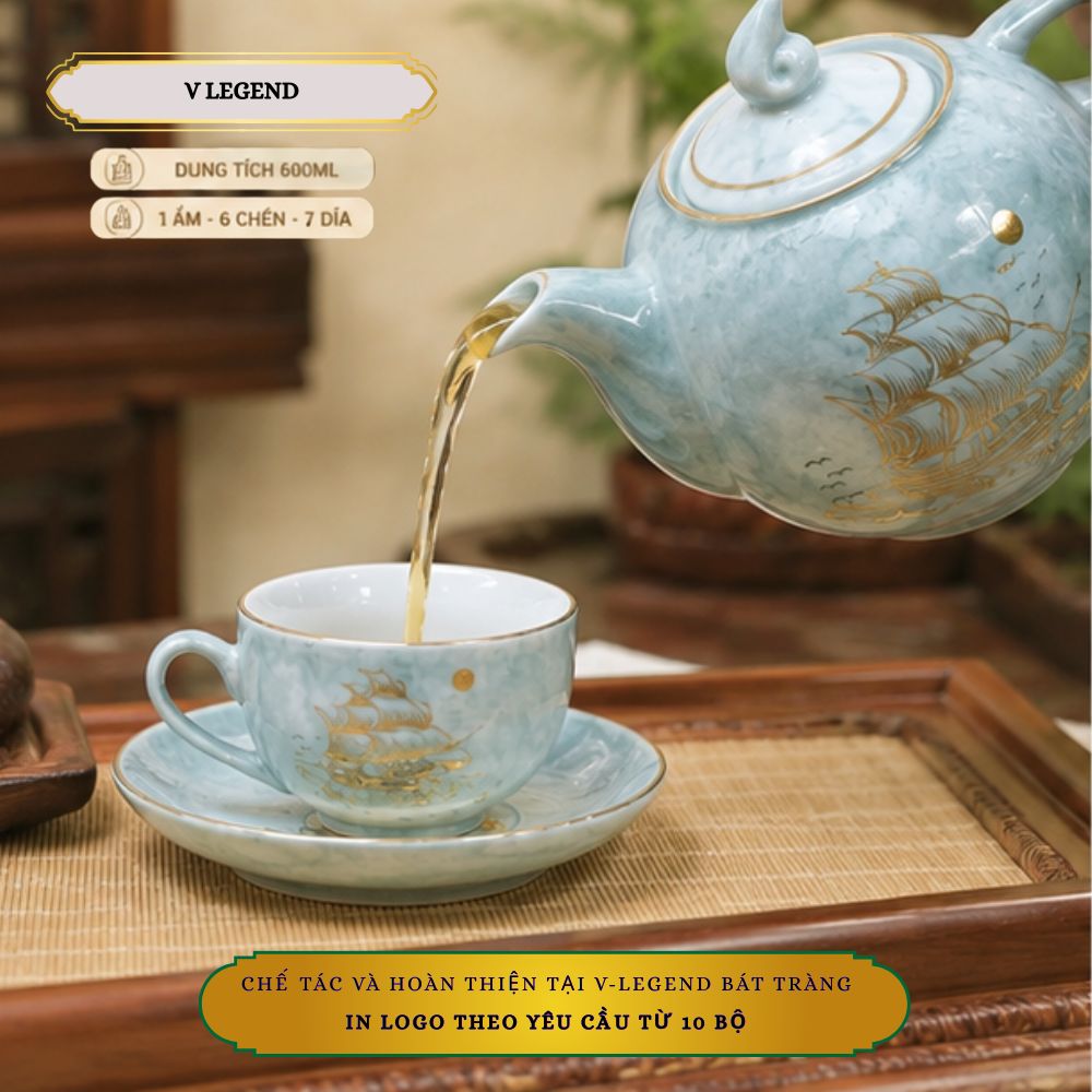 Bộ Ấm Chén Trà Men Ngọc xanh nhạt Kẻ Chỉ Vàng 600ml Bát Tràng | Bộ Ấm Trà Cao Cấp 1 Ấm 6 Chén 7 Đĩa - Ảnh 4