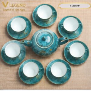 ấm trà bát tràng men xanh ngọc vẽ vàng in logo theo yêu cầu
