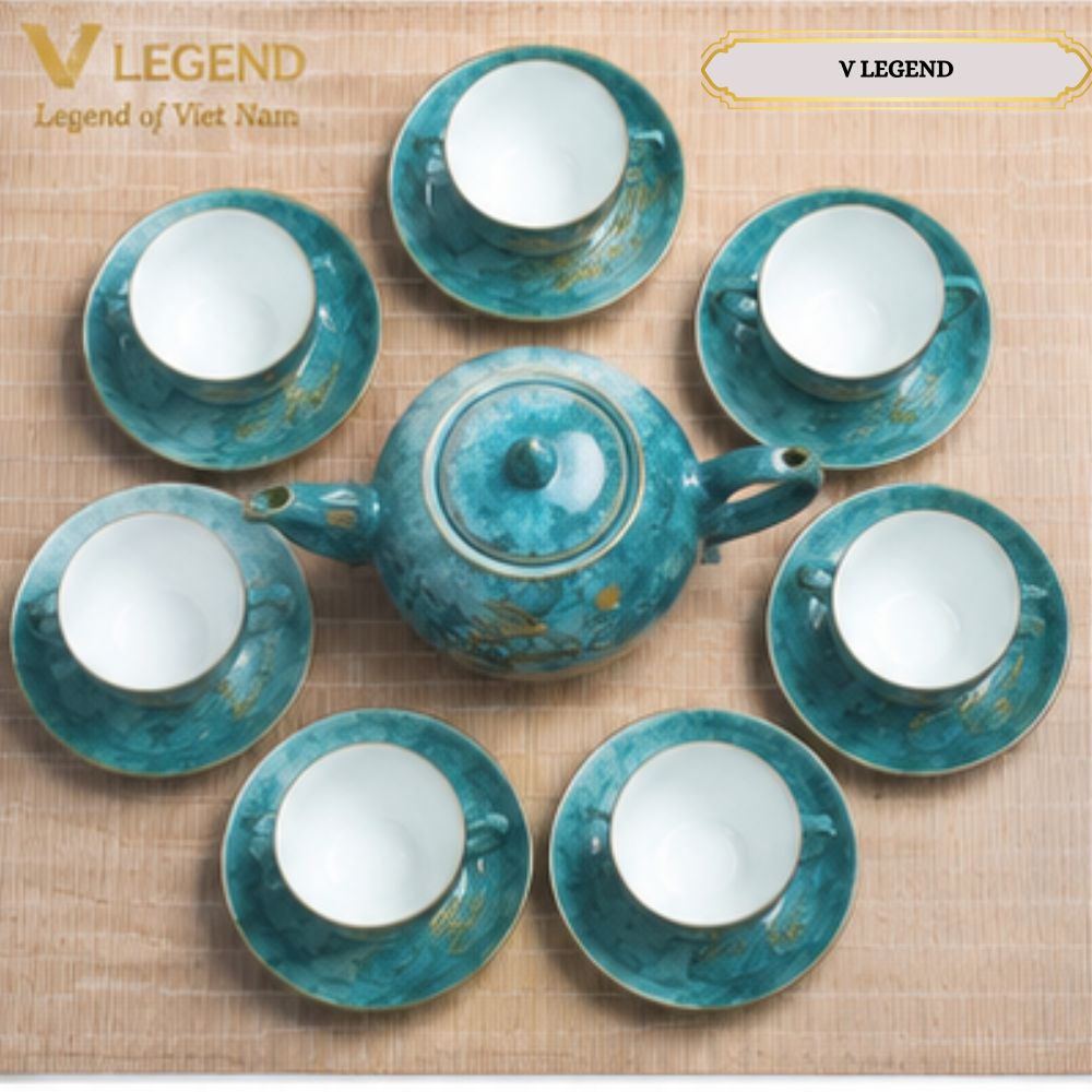 ấm trà bát tràng men xanh ngọc vẽ vàng in logo theo yêu cầu