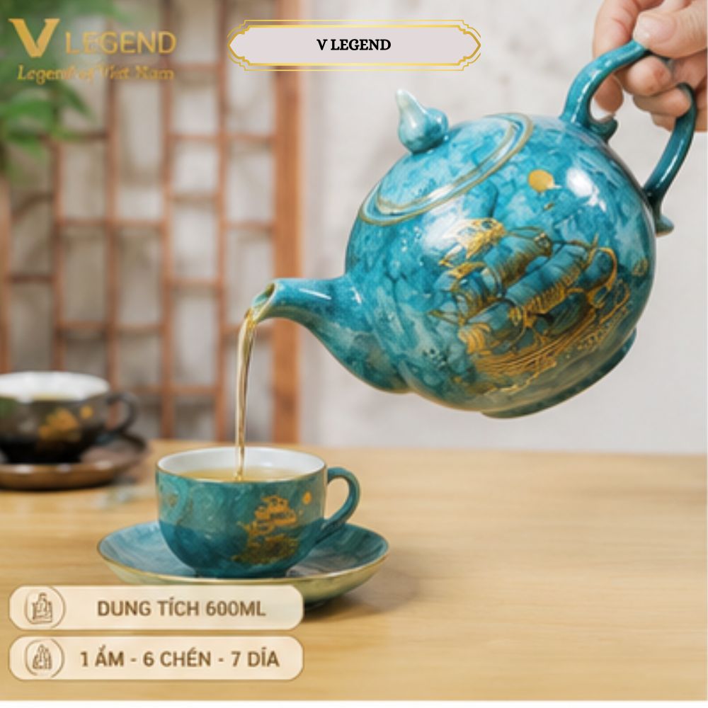 ấm trà men ngọc xanh dương vân đá vẽ vàng có thể in logo trên ấm chén đĩa theo yêu cầu