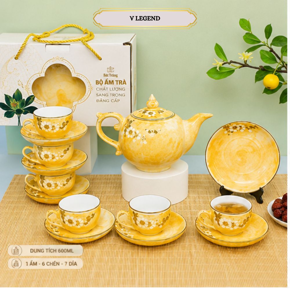 Bộ Ấm Chén Trà Men Vàng Lưu Ly | Kẻ Chỉ Vàng 600ml Bát Tràng | Bộ Ấm Trà Cao Cấp 1 Ấm 6 Chén 7 Đĩa (Sao chép) (Sao chép) - Ảnh 4