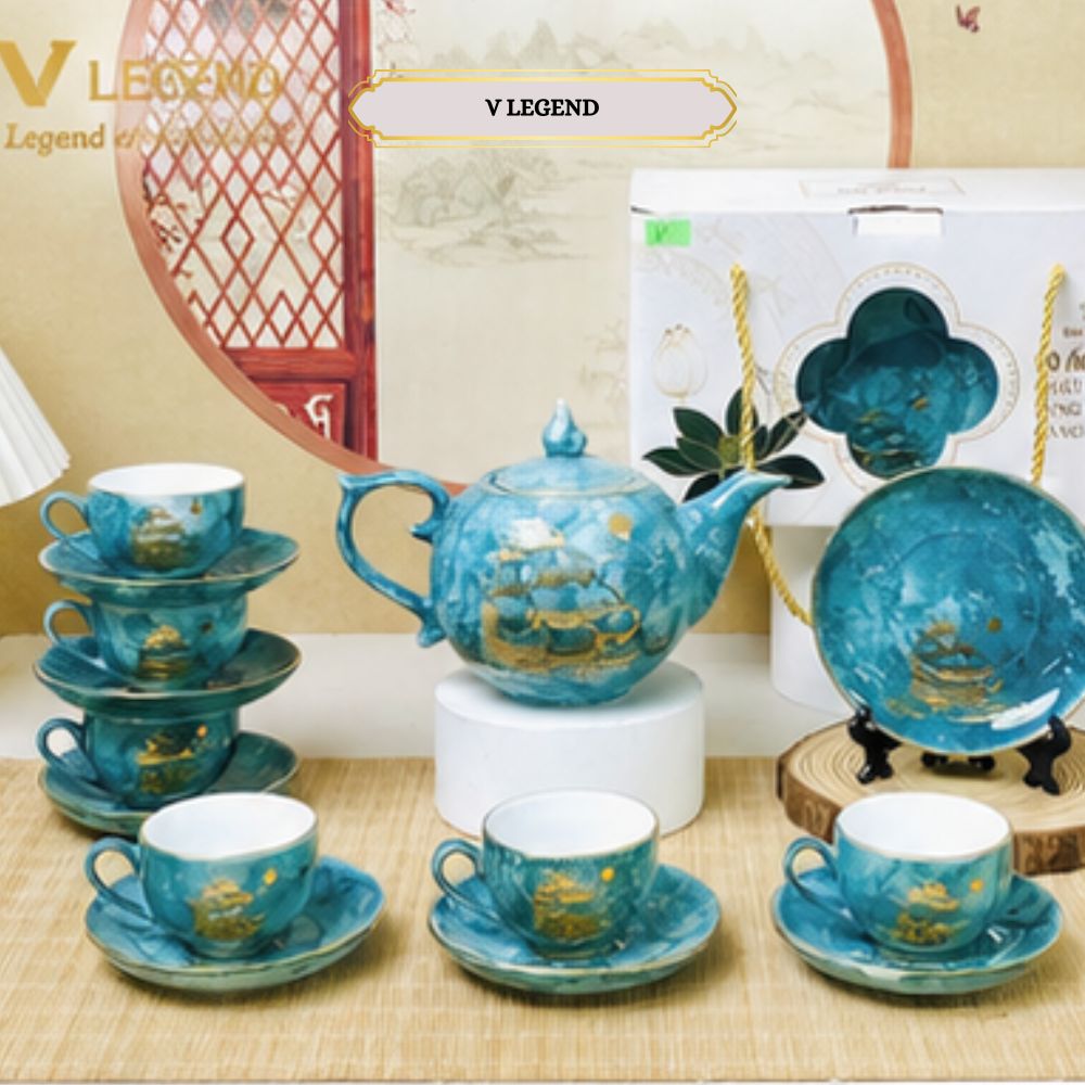 ấm trà men ngọc sang trọng vẽ vàng có thể in logo theo yêu cầu