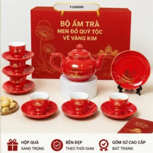 bộ trà màu đỏ bát tràng in logo