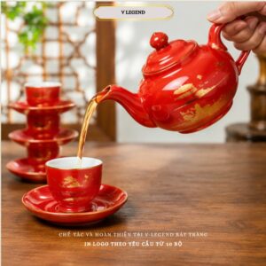 Alternative view of Bộ Ấm Chén Trà Men Ngọc Đỏ Kẻ Chỉ Vàng 350ml Bát Tràng | Bộ Ấm Trà Cao Cấp 1 Ấm 6 Chén 7 Đĩa (Sao chép)