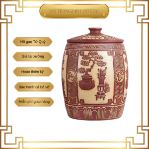 Alternative view of Hũ đựng gạo Bát Tràng 30kg – Sành nung 1300° – Hoa văn sen cổ phong thủy – Đựng gạo ngũ cốc bảo quản hút ẩm sang trọng