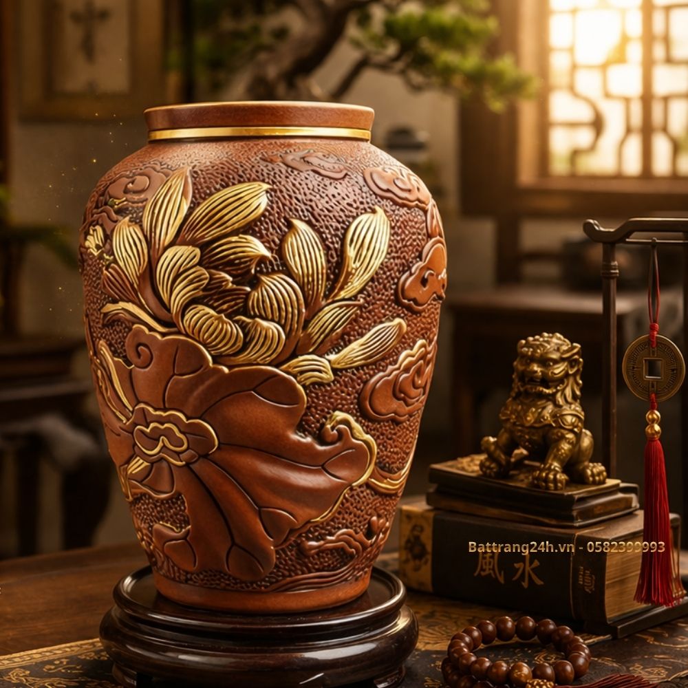 bình hoa gốm dát vàng men mộc quà biếu tặng tân gia đơn giản nhưng ý nghĩa