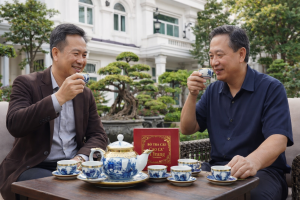 ấm chén Bát Tràng men lam bọc đồng