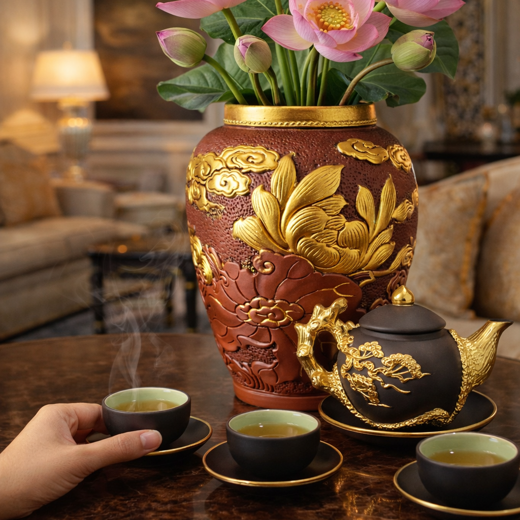 Bộ ấm chén bình hoa Bát Tràng dát vàng 24k