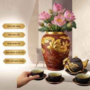 Bộ ấm chén trà hoa nổi dát vàng