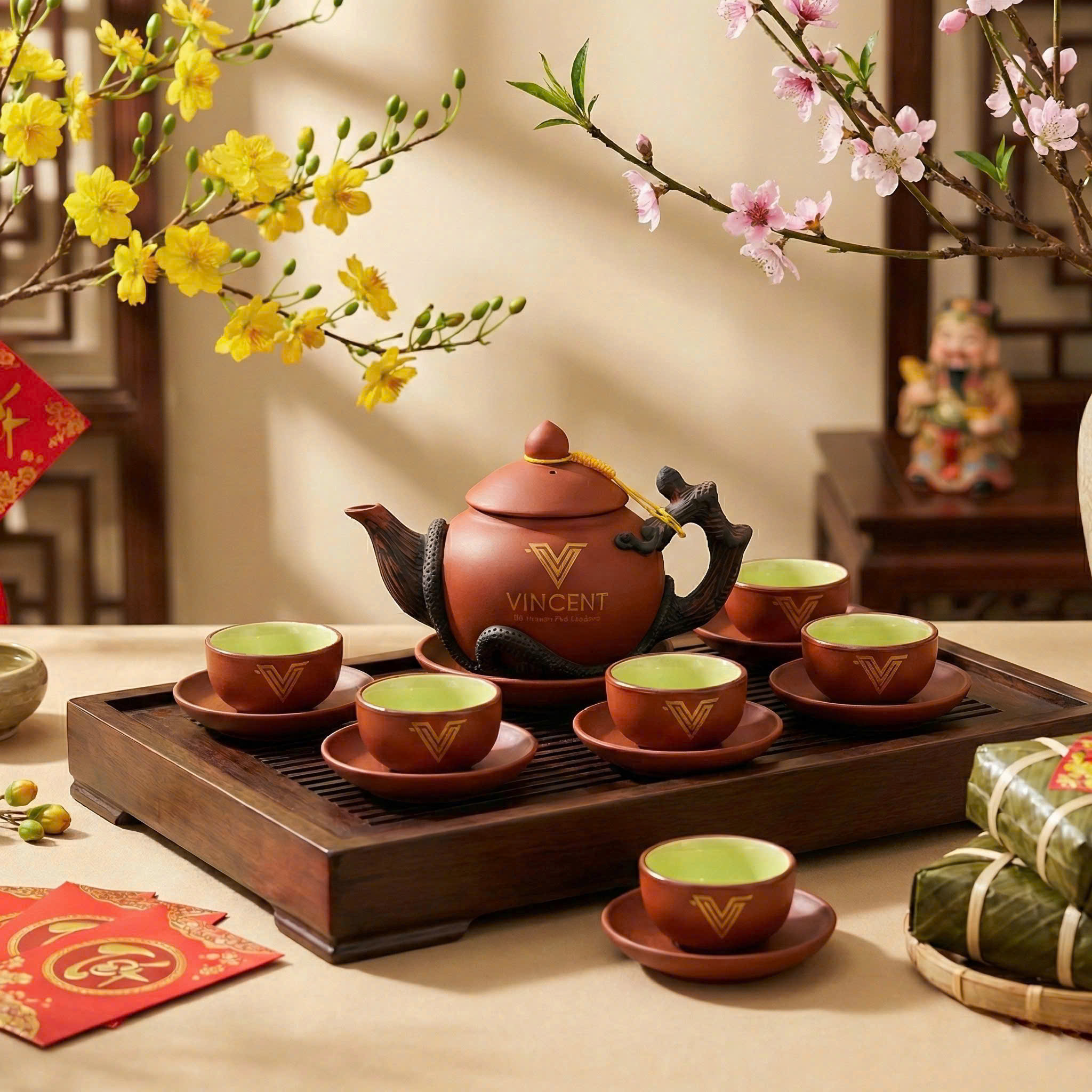 Bộ Ấm Chén Tử Sa Bát Tràng Hoa Đắp Nổi Cao Cấp