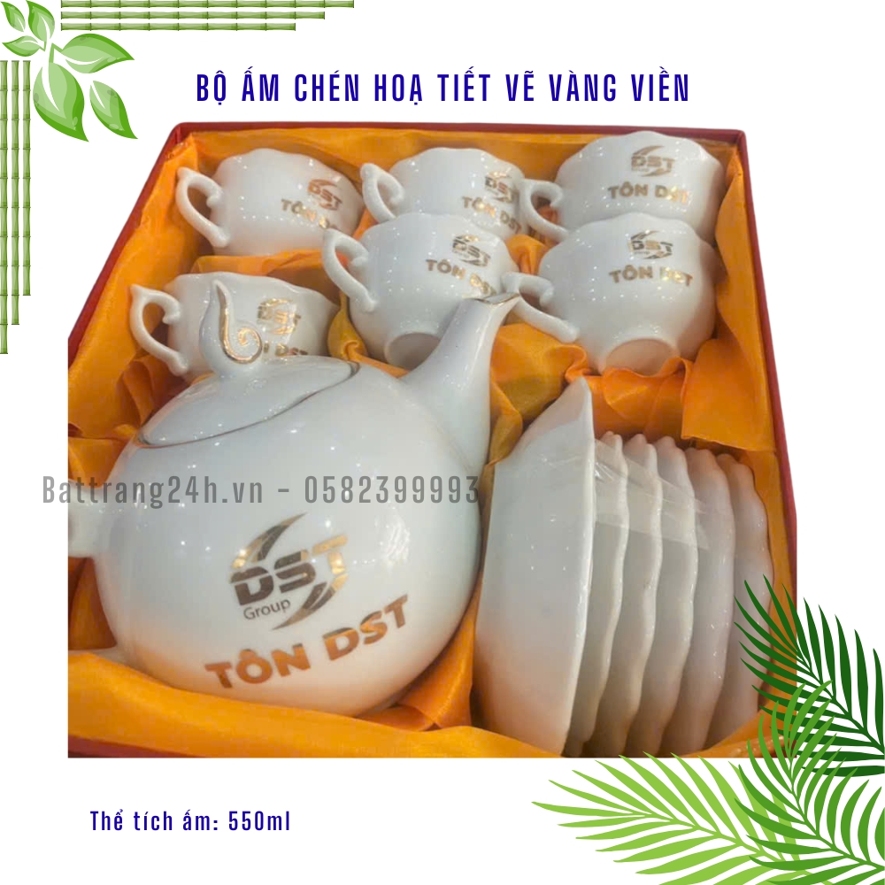 ấm chén in logo vàng kim