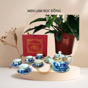 Alternative view of Bộ Ấm Chén Bát Tràng Bọc Đồng Men Lam – Trúc Lâm Thất Hiền Cao Cấp