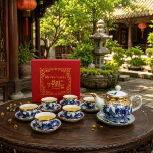 ấm chén men lam bọc đồng in logo