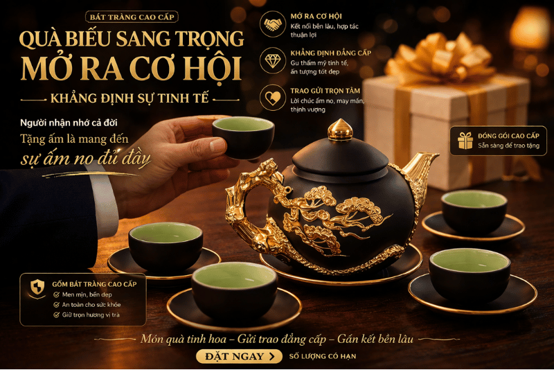 Ấm chén dát vàng bát tràng món quà biếu tặng sang trọng đẳng cấp từ nghệ nhân