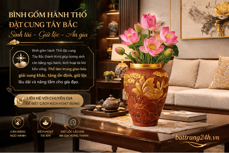 bình gốm sen dát vàng phong thủy dùng đặt cung tây bắc giúp ổn định khí, kích tài lộc, giúp gia đạo bình an