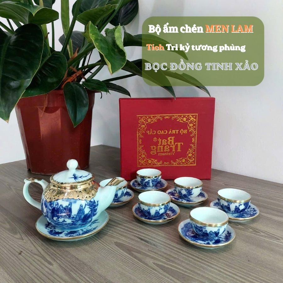 Bộ Ấm Chén Bát Tràng Bọc Đồng Men Lam – Trúc Lâm Thất Hiền Cao Cấp - Ảnh 6