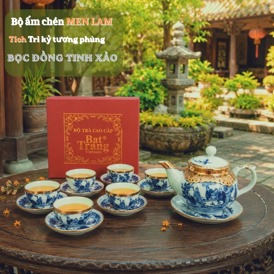 Bộ Ấm Chén Bát Tràng Bọc Đồng Men Lam – Trúc Lâm Thất Hiền Cao Cấp - Ảnh 5