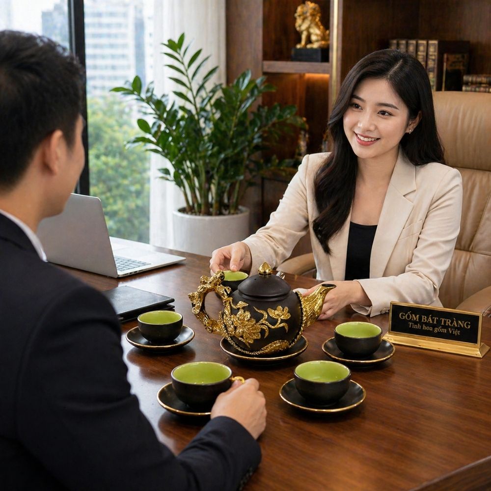 ấm chén bát tràng cao cấp in logo số lượng lớn tặng khách hàng