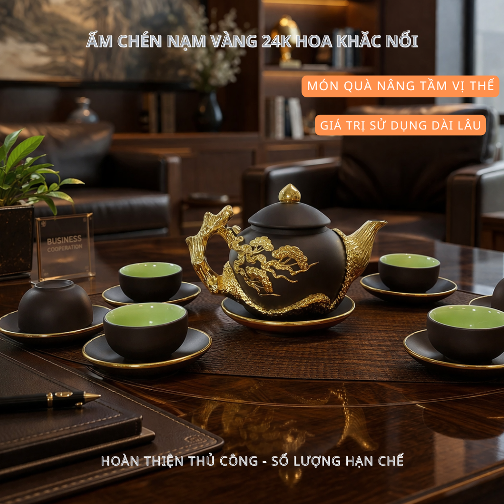 ấm bát tràng cao cấp dăt vàng quà biếu tặng sang trọng