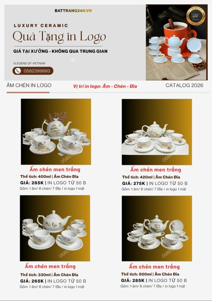 ấm chén trắng Bát Tràng in logo theo yêu cầu