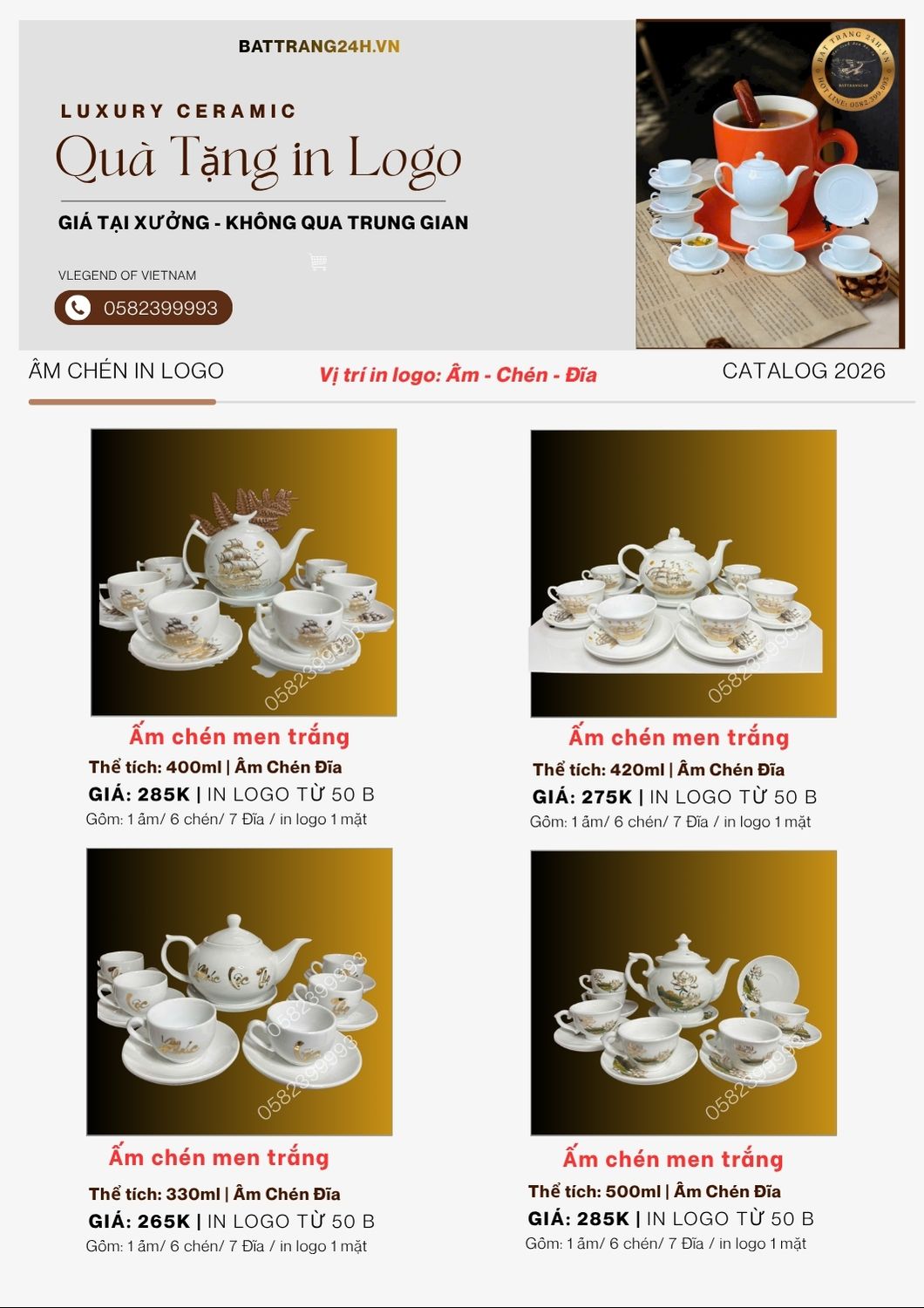 ấm chén trắng Bát Tràng in logo theo yêu cầu