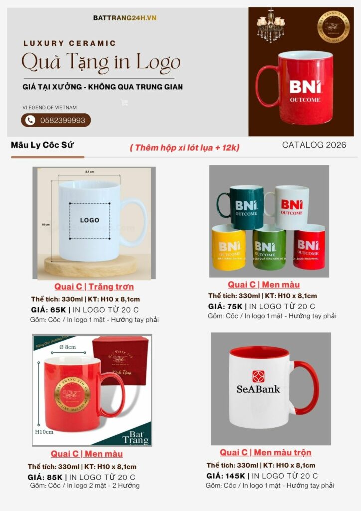 Cốc sứ in logo thương hiệu theo yêu cầu giá rẻ sản xuất trực tiếp tại xưởng Bát Tràng giá gốc
