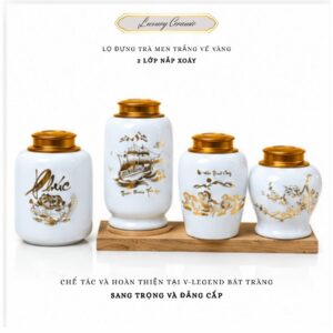 Lọ trà men trắng vẽ vàng hàng bát tràng đẹp