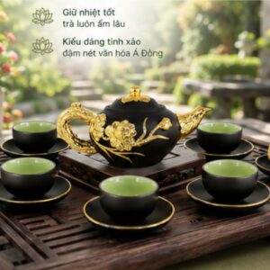 bộ ấm tử sa bát tràng hoa sen nổi dát vàng 280ml