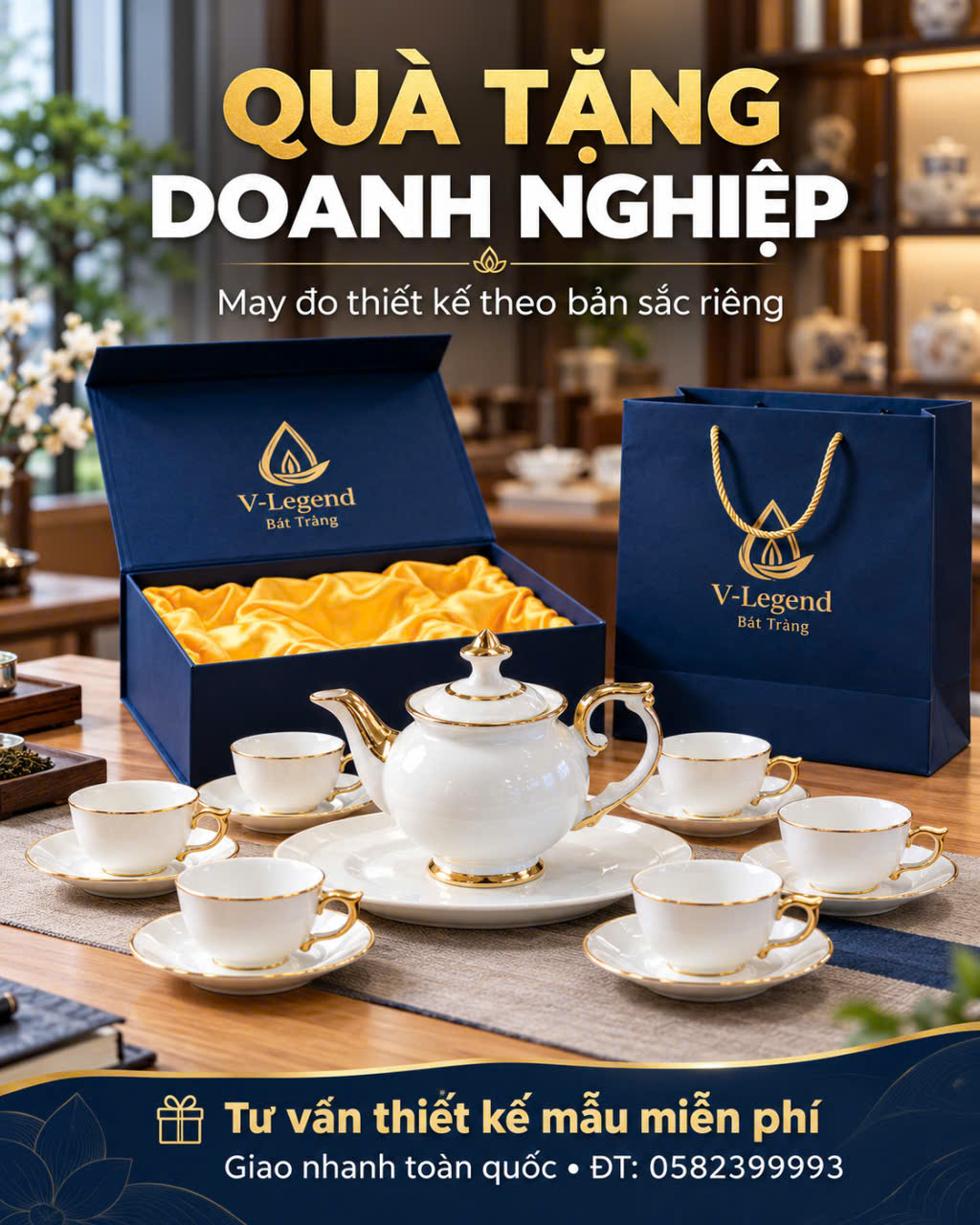 ấm chén trắng vẽ vàng in logo doanh nghiệp