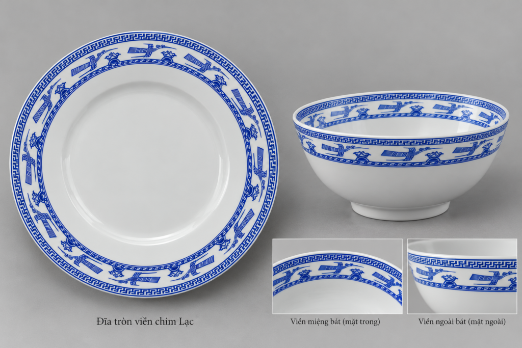 bộ bát đĩa vẽ chim lạc trống đồng xanh lam