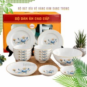 Bộ bát hoa sen xanh kẻ viền vàng
